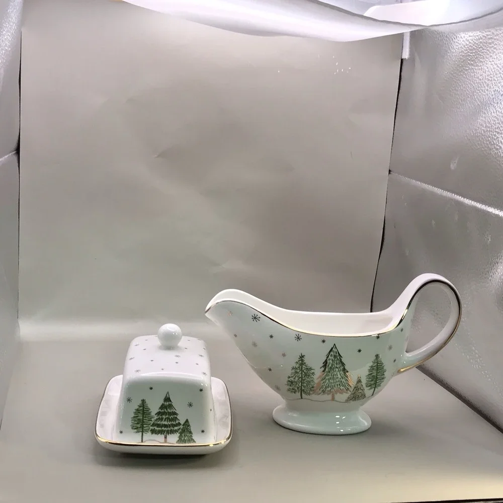 Grace Teaware Porcelain Butter Dish And Gravy Boat Trees And Snow And Gold Trim - Picture 6 of 16
